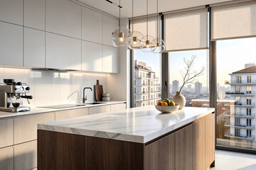 Beige roller blind on windows in stylish modern kitchen. Shutters on the plastic window.