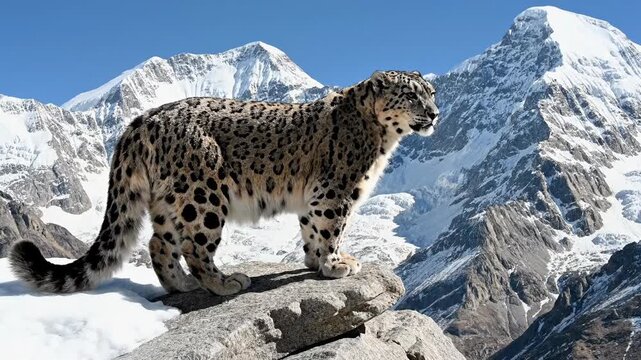 Side profile of a snow leopard on a rocky outcrop. Wild cat in a snowy mountain landscape with jagged peaks. High-altitude wildlife concept