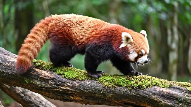 Red panda walking on a mossy log in a forest. Endangered mammal exploring a lush woodland environment. Wildlife close up