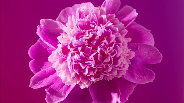 Studio photograph capturing intricate ruffled peony centerpiece. Expertly captured image showcasing rich textures of vibrant magenta peony crown