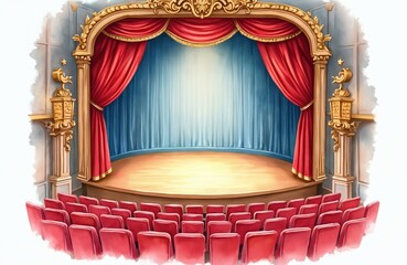Naklejka premium Empty theater stage with red curtains, blue backdrop, and wooden floor. Rows of vacant red seats face the performance area. Elegant gold trim adorns the proscenium arch and columns, ready for a show.