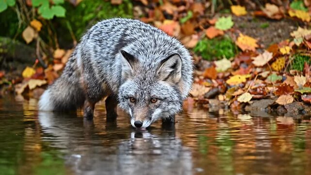 Silver fox drinking from a stream in autumn. Wild animal standing in water with fall leaves in the background. Wildlife in nature