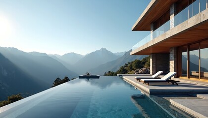 Naklejka premium Modern villa with infinity pool overlooks mountain range. Luxury estate offers scenic mountain views. Outdoor area features lounge chairs. Peaceful relaxation awaits.