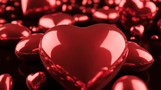 Many shiny red hearts on dark surface for love or valentines day