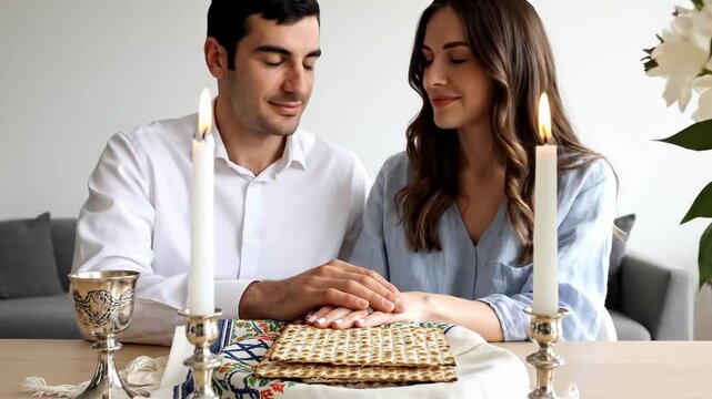 Young Jewish couple celebrating Passover Seder at home. Man and woman holding hands at a table with lit candles and Matzah. Religious holiday lifestyle
