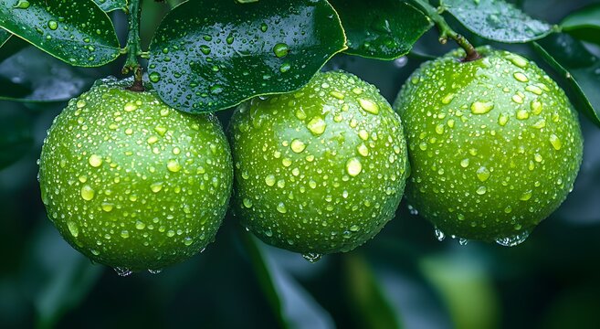 Organic green sapote fruits with glistening dew drops closeup image