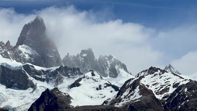 Cinematic time lapse of clouds moving over Mount Fitz Roy peaks in El Chalt&eacute;n, Patagonia Argentina.