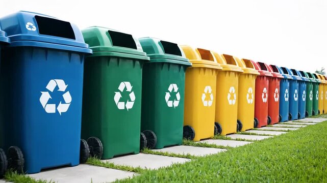Row of colorful recycling bins with symbols on a green lawn. Waste management and environmental responsibility concept. Recycling program in a public space