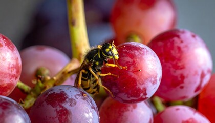 A macro shot captures a wasp perched on a cluster of ripe, reddish-purple grapes, highlighting its yellow and black markings
