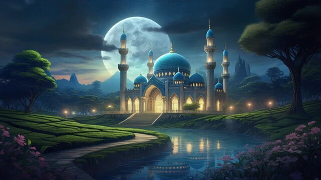 Mosque with blue domes and minarets lit up at night with full moon and trees