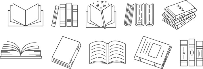 Flat vector icons of books, journals, binders, open pages, educational materials, minimal line art for learning and organization themes