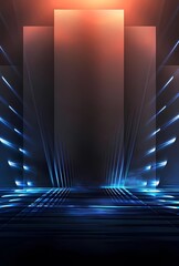 Futuristic Dark Background with Neon Blue Lines and Orange Glowing Portal