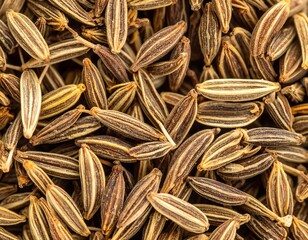 A macro shot displays a heap of small, oblong seeds, intricately detailed with dark lines and a light-brown hue. They are clustered closely together