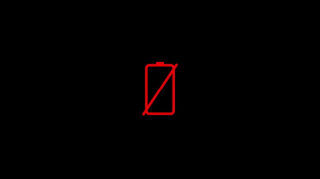 Digital low battery charging status indicator animation on Alpha Channel. No energy, warning, critical level. Technologies concept.