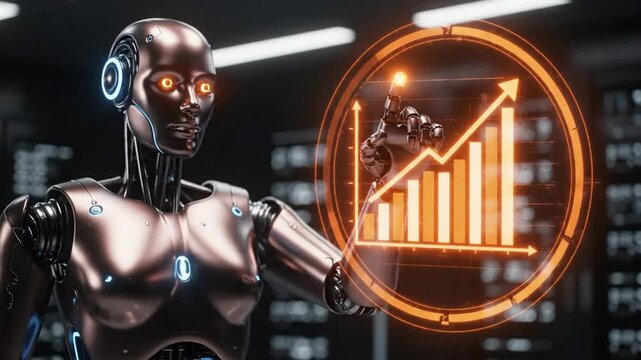 Robot interacting with futuristic interface graph chart increasing trend artificial intelligence