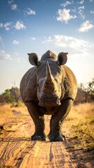 A magnificent, grey, rhinoceros stands tall on a dirt path facing the camera, bathed in sunlight. Dry grass and a blue sky with clouds