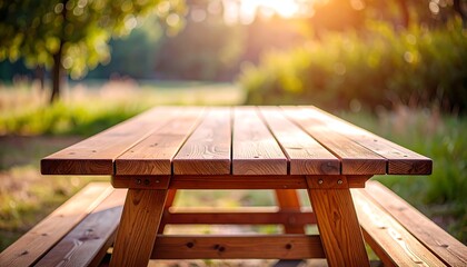 Fototapeta premium Gathering at wooden picnic table in nature outdoor setting bright environment serene view