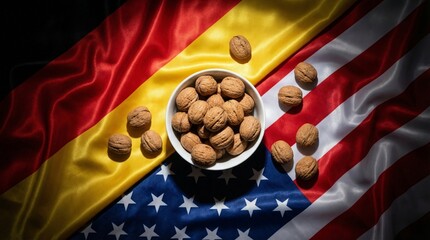 Walnuts in shell bowl Spanish USA flags trade concept