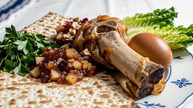 Close-up of traditional Passover Seder meal on a plate. Matzah, shank bone, egg, and charoset. Jewish holiday food concept