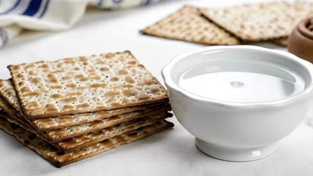 Water drop falling into a bowl next to a stack of matzah. Traditional Jewish Passover Seder table setting with unleavened bread. Pesach holiday concept with salt water and ritual food