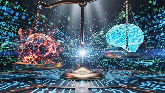 Scales balancing brain and fiery orb on circuit board
