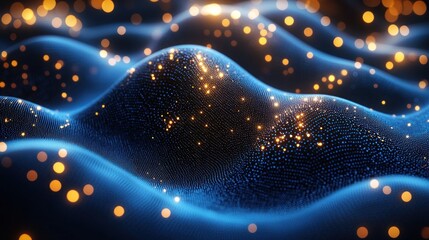 Abstract, undulating blue forms dotted with glowing golden particles, reminiscent of digital data