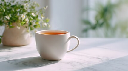 Fototapeta premium A white ceramic mug filled with hot tea emitting gentle steam is elegantly placed on a sunlit marble surface beside a soft focus vase of delicate green plants and white blossoms