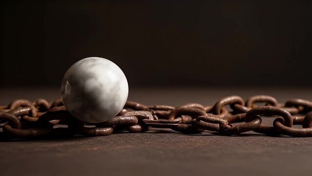 White marble sphere rests on rugged rusty metal chains still life concept