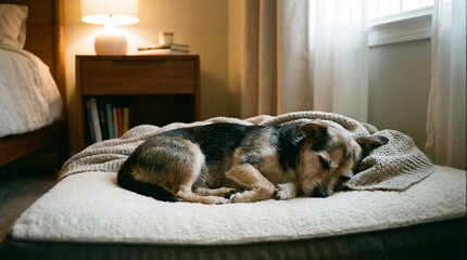 Obraz premium A small dog sleeps peacefully on a soft bed indoors, looking comfortable and relaxed.