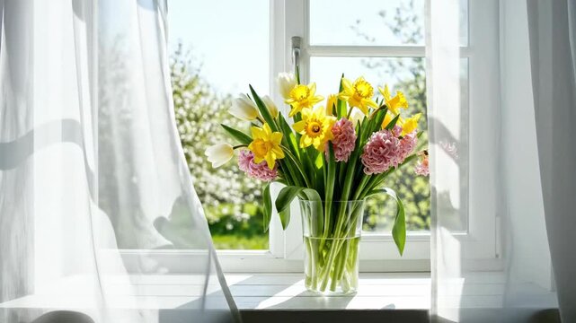 Spring flowers in a vase on a windowsill with blowing curtains. Bouquet of daffodils and tulips in sunlight. Spring Equinox Day concept