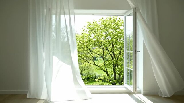 Open window with white curtains blowing in the wind. Fresh spring air entering a bright room with a view of green trees. Home ventilation concept