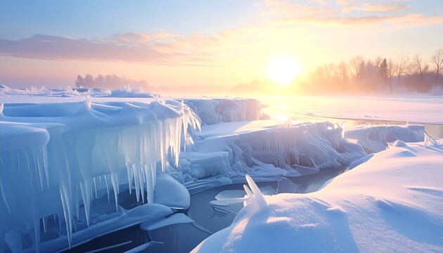 Stunning winter landscape with icy formations and a radiant sun setting above a misty horizon. Soft light and frozen terrain