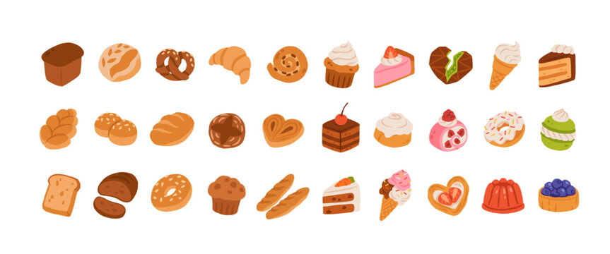 Croissant, baguette, roll, muffin, sourdough bread. Sweet desserts and pastries vector set with cakes, cupcakes, ice cream, dubai chocolate, donuts and bakery treats in flat cartoon style