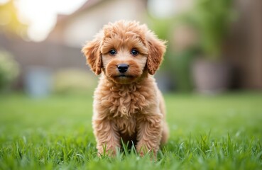 Fototapeta premium Small brown poodle puppy sits on green grass lawn. Cute dog looks directly at camera. Adorable fluffy pet waits patiently in yard. Young animal enjoys outdoor nature.