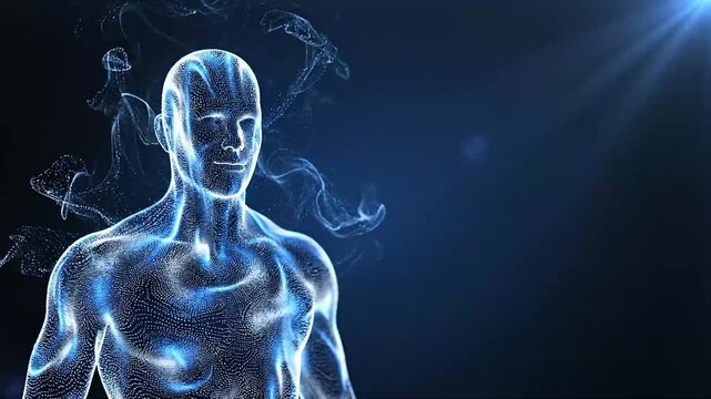 Glowing blue mesh figure with radiant outlines stands boldly against deep gradient backdrop