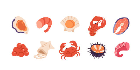 Seafood and fish vector set. Flat cartoon marine food illustration collection, ocean animals, shellfish, shrimp, crab, lobster, mussels, salmon, healthy protein food icons