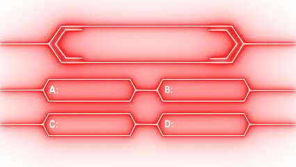 Vibrant glowing neon red quiz template, question box and four answer options (A, B, C, D) for trivia, education, and interactive content, isolated on transparent background. © Moynul Haque