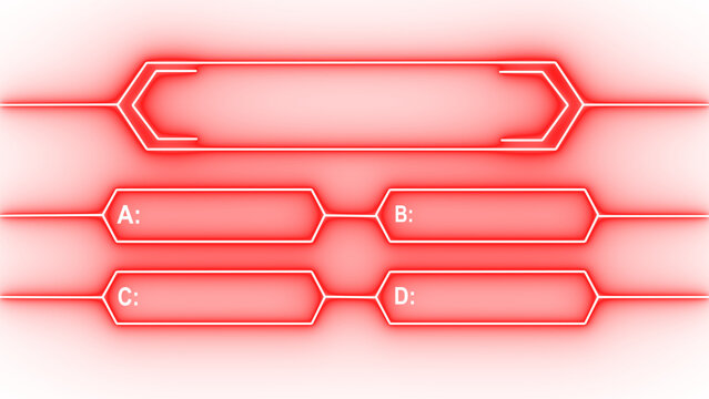 Vibrant glowing neon red quiz template, question box and four answer options (A, B, C, D) for trivia, education, and interactive content, isolated on transparent background.