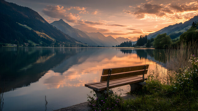 Wooden Bench by Lake at Sunset with Mountains and Reflection