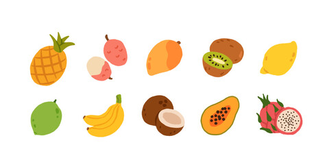 Fototapeta premium Set of tropical fruits. Persimmon, banana, pineapple, etc. Vector illustration of exotic fruits on a white background.