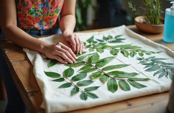 Woman arranges green leaves on white fabric. She creates natural plant dye pattern for textile art. Handmade eco print process involves botanical imprints.