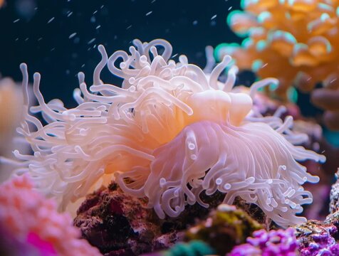 Elegant white sebae anemone spreading its tentacles in aquarium