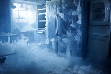 Kitchen interior frozen solid with thick ice and frost covering appliances and surfaces
