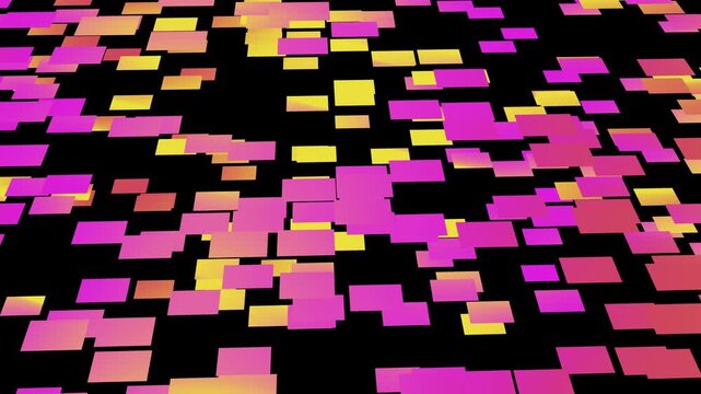 Abstract geometric design with pink and yellow rectangles on black background. Suitable for modern, vibrant graphic designs or digital backgrounds.