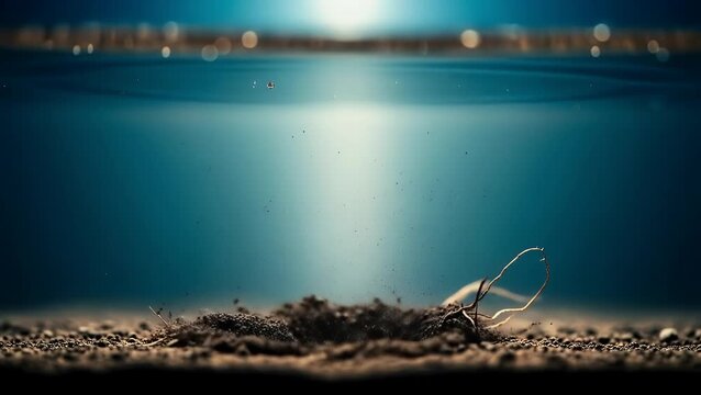 Macro shot of a single water drop falling onto dry soil and plant roots