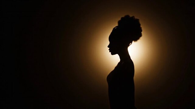 Silhouetted woman with updo facing left against golden light burst, dramatic portrait in darkness