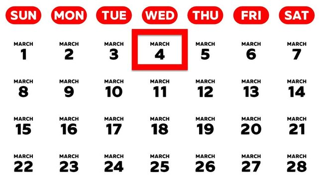 The date March 4th marked with a red cursor on the wall calendar 2026