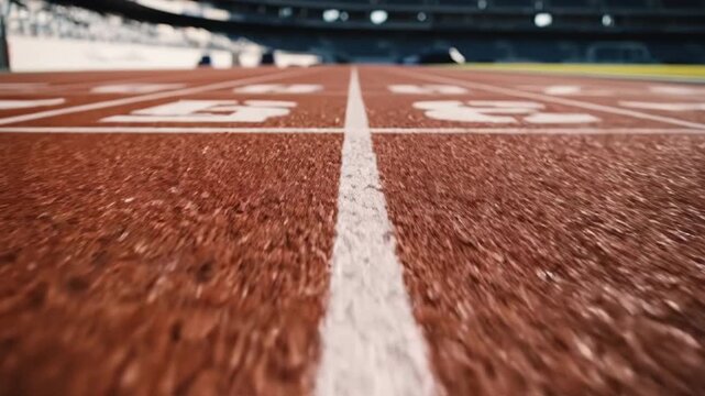 Closeup of a red running track with white lines in a stadium