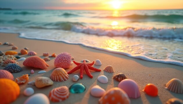 Colorful seashells and red starfish lie on sandy beach. Gentle ocean waves wash shore at golden sunset light. Marine nature on sand near sea.