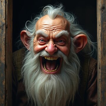 Scary old dwarf with long beard laughs loudly. This bearded man has big ears and wild white hair. He looks like a creature from fantasy tale.